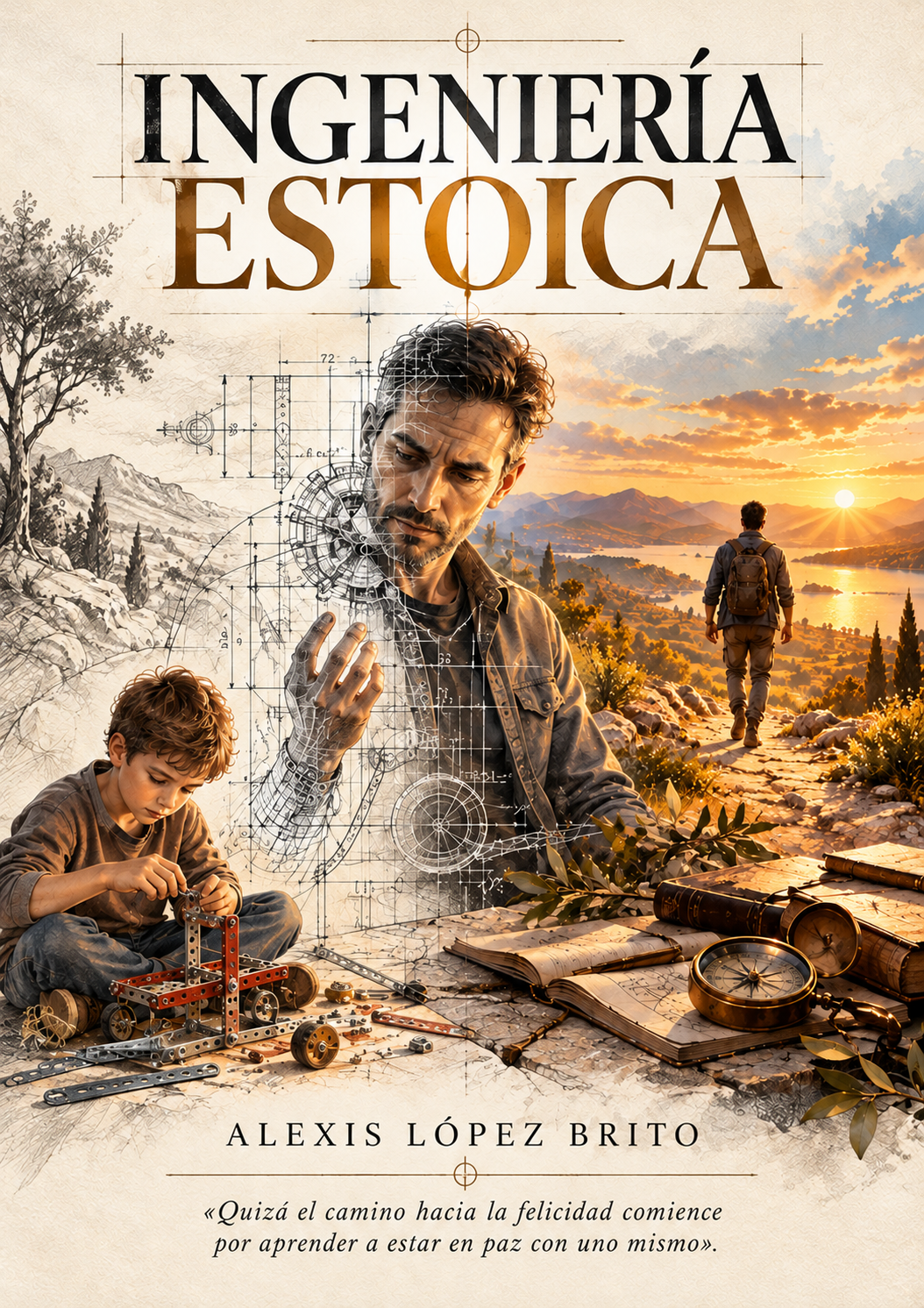Portada de Ingeniería Estoica: un niño jugando con un mecano, un adulto representado parcialmente como un plano de ingeniería y un hombre caminando hacia un horizonte luminoso.