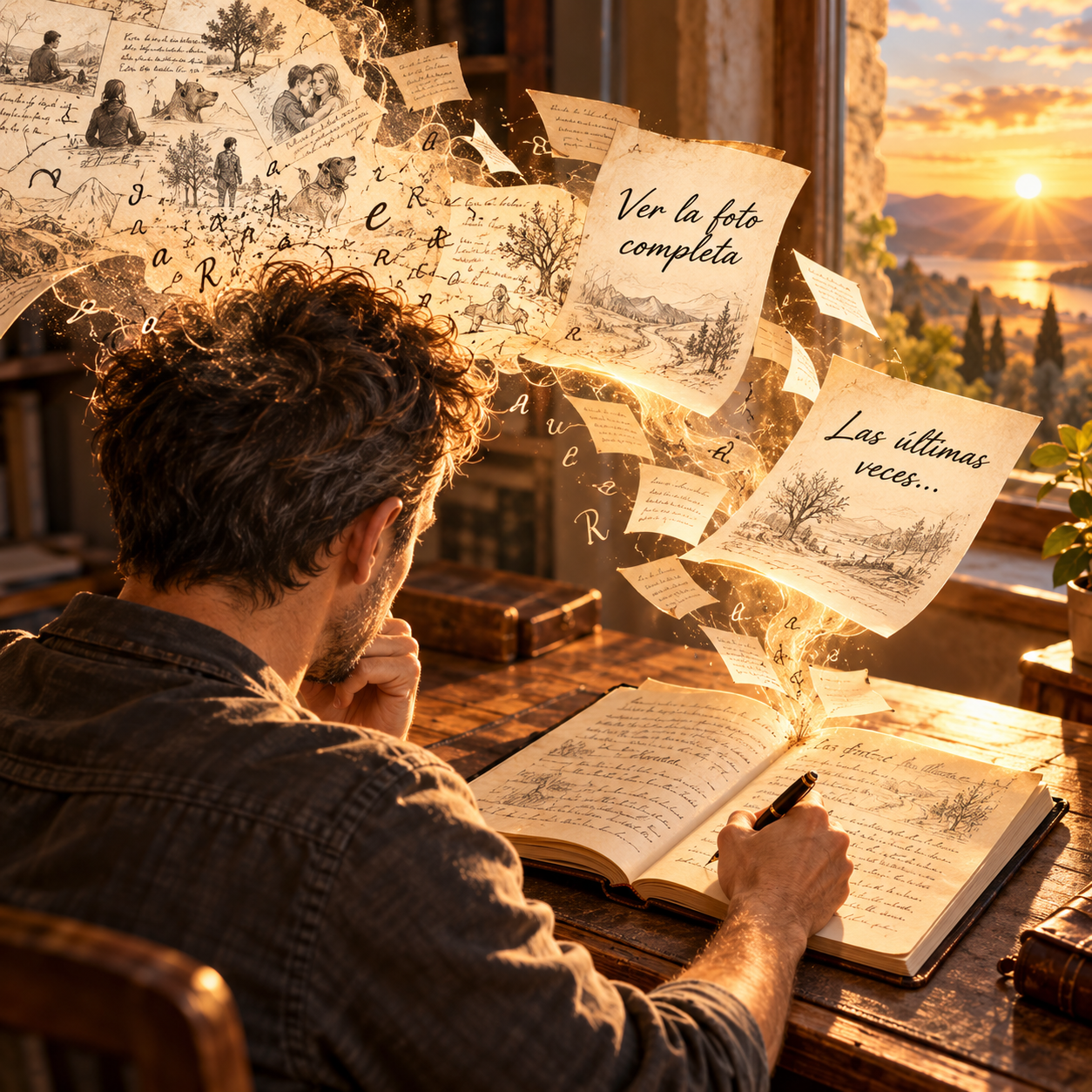 Un hombre escribe mientras sus pensamientos se transforman en reflexiones